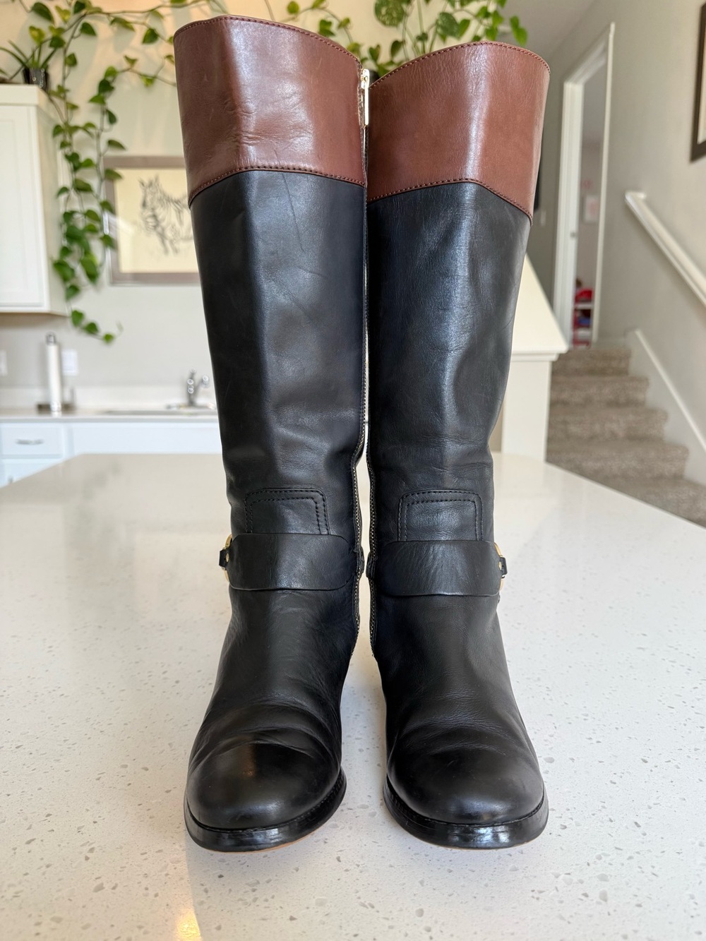 Michael Kors Black Leather Riding Boots with Brown Cuff - Picture 3 of 14